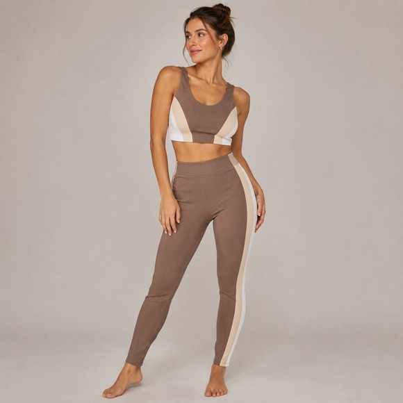 WILO Pants - WILO Melbourne Ribbed Activewear Set Mauve Colorblock Sports Bra Leggings Small